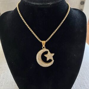 24” Gold over Stainless, Iced Out Moon and Star Pendant Necklace